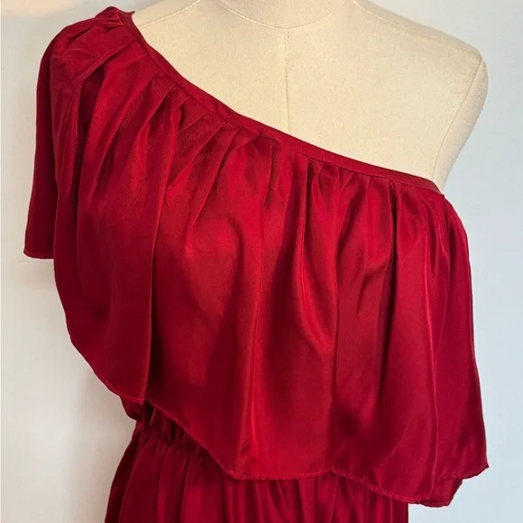 SILK One-Shoulder Red Ruffle Dress - Picture 2 of 14